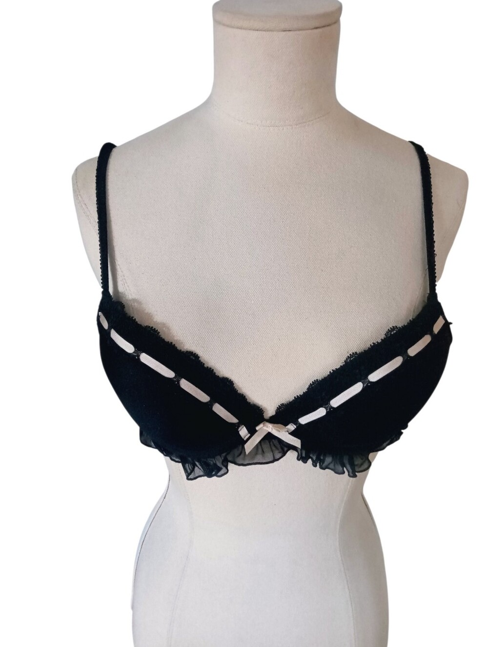 H&M Black Lace Push-Up Balconette Bra Contrast White Ribbon Size 34B